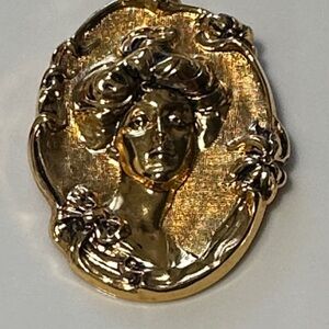 Vintage Gold Tone Metal Cameo Woman Lady Face Framed Brooch Pin